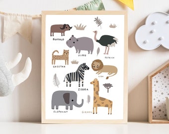 Lámina infantil de animales de safari: Decoración infantil dibujada a mano (descarga digital)