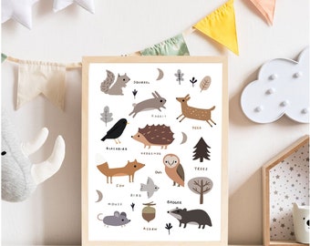 Lámina infantil de animales del bosque: Criaturas del bosque dibujadas a mano (descarga digital)