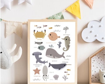 Lámina infantil de animales del océano: Arte mural de vida marina (descarga digital)