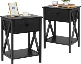 Nightstand, Modern Bedside End Table Set of 2, Night Stand with Drawer and Storage Shelf for Living Room Bedroom