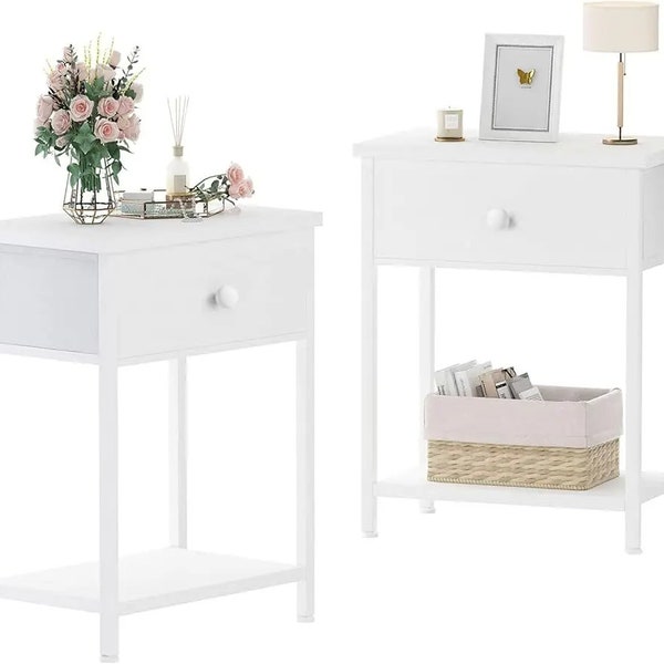 White Nightstands Set of 2, Small Night Stand with Drawer End Table for Bedroom, Dorm, Modern