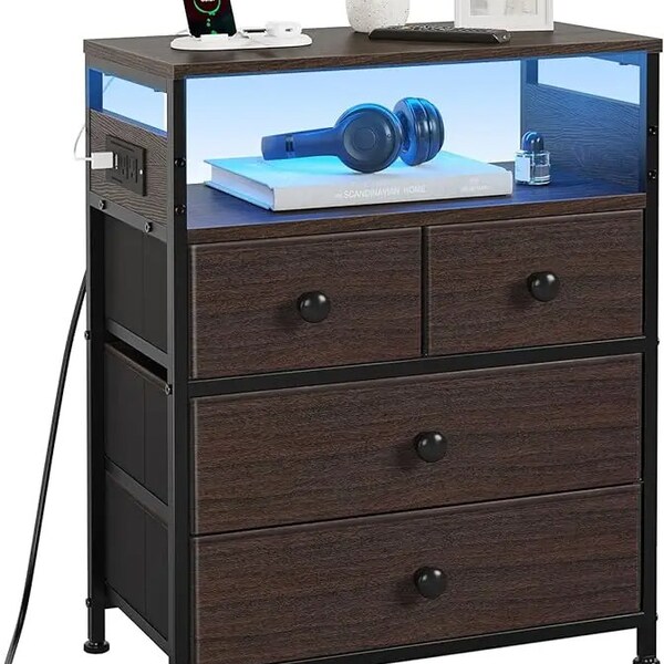 Nightstand with Charging Station, Bedside Table with 4 Drawers and 2-Tier Shelf, Modern End Table with Wooden Top