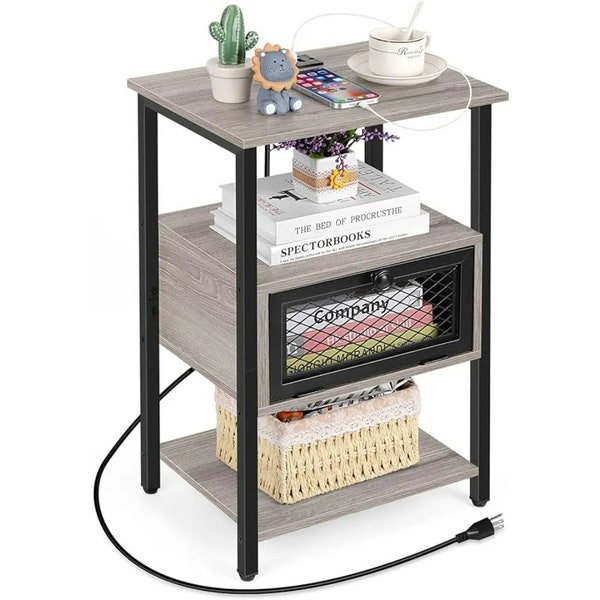 Nightstand with Charging Station End Table with Drawer Sofa Side Table with USB Ports and Outlets Narrow Bedside Table