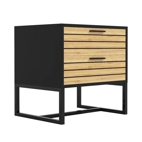 2 Tier Modern Nightstand, Wooden Bedside Table with Metal Leg, Night Stand Storage Cabinet, Black