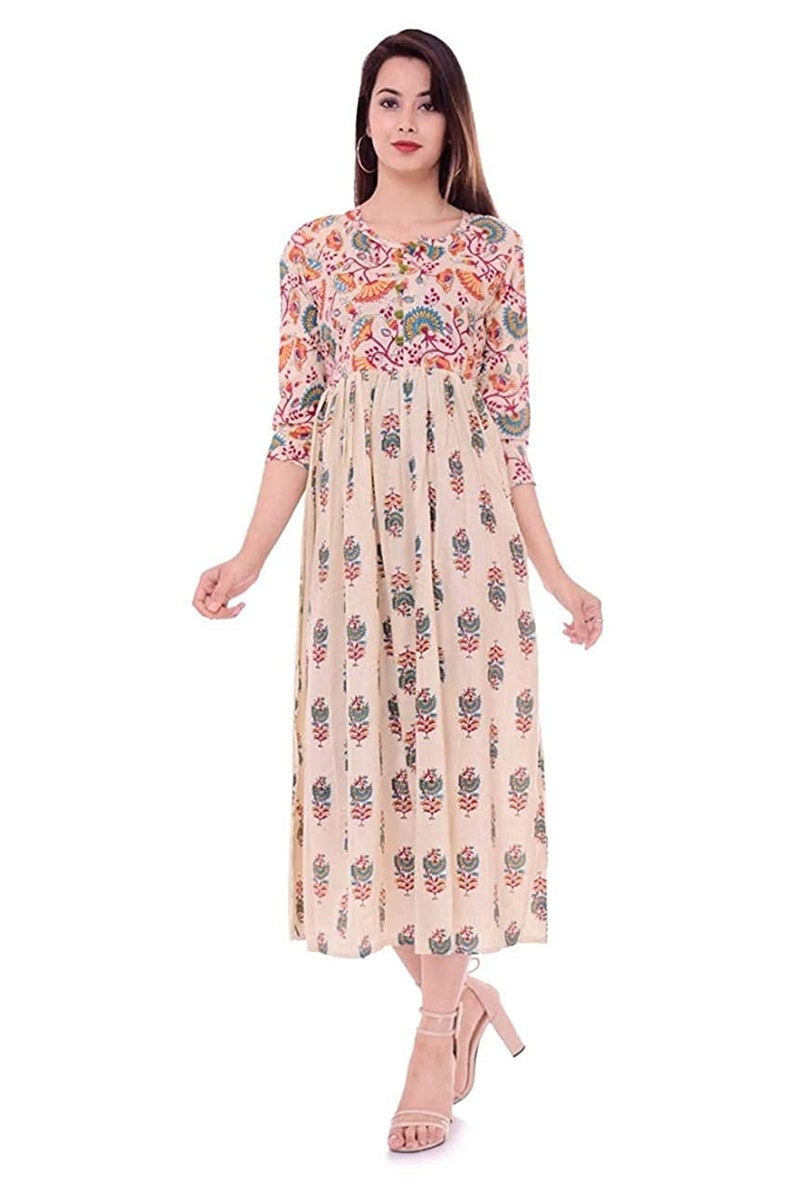 EthnicWearCollection Presents Multicolor Cotton Rajasthani Jaipuri Traditional Ethnic Latest Long Kurti Kurta Dress for Women