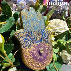 Blue, Purple and Gold Hamsa Hand Decoration - Hamsa Hand of Fatima Coaster - Hamsa Dish - Protection Against Evil Eye