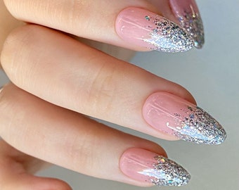 ELENA Press On Nails - Silver Glitter Tips - set of 10 luxury made to order nails