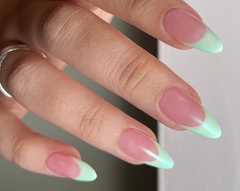 CLAIRE Press On Nails - Mint Green Chrome French - set of 10 luxury made to order nails