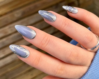 AURORA Press On Nails - Silver Cat Eye - set of 10 luxury made to order nails