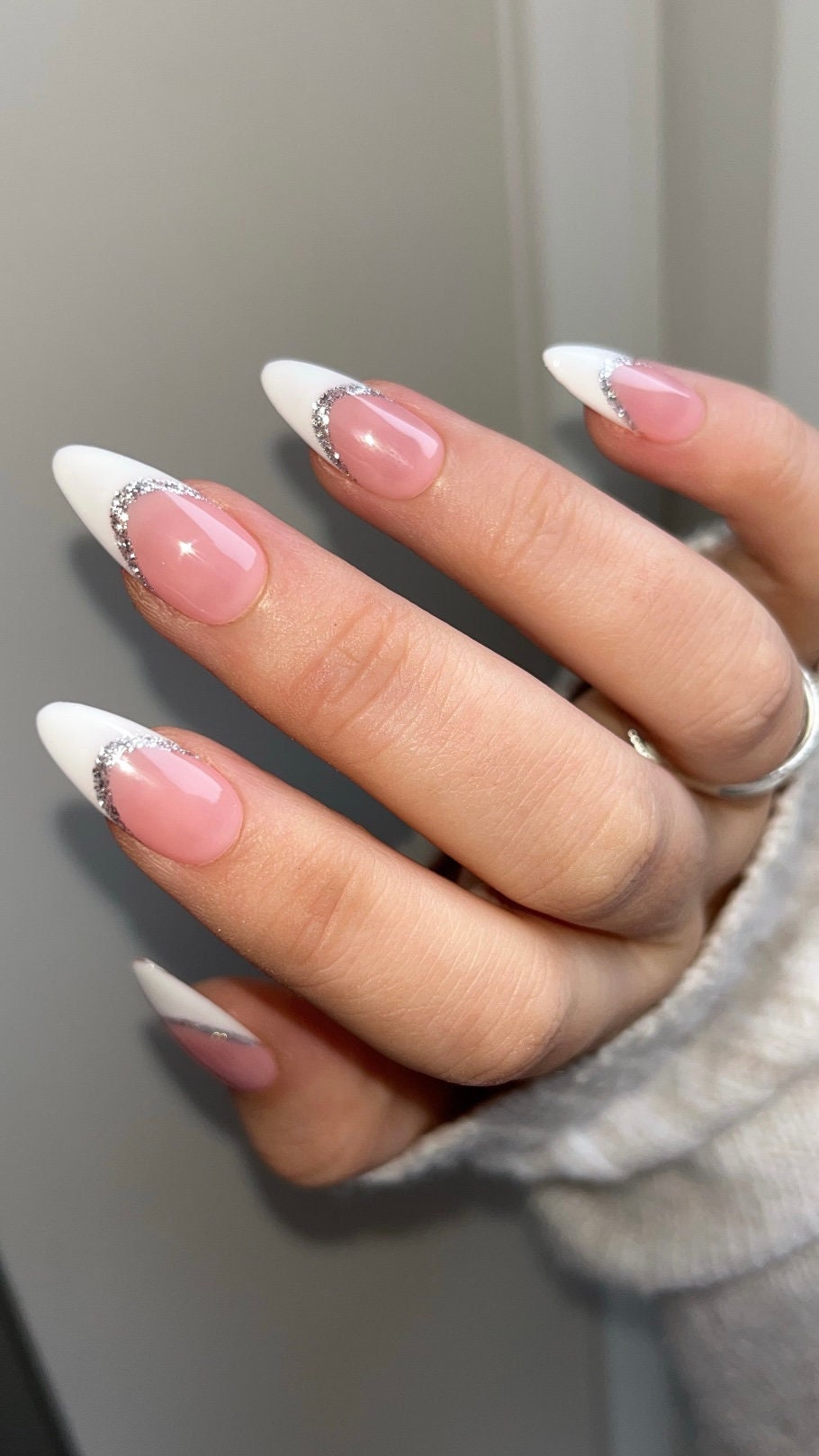 ELSA Press On Nails - Sliver Glitter French - set of 10 luxury made to order nails