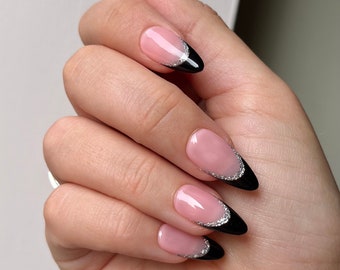 NATALIA Press On Nails - Black & Silver French - set of 10 luxury made to order nails