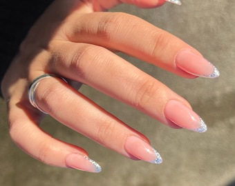 AMY Press On Nails - Silver Glitter French - set of 10 luxury made to order nails