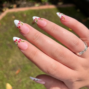 CHERRY Press On Nails - Cherry White French - set of 10 luxury made to order nails