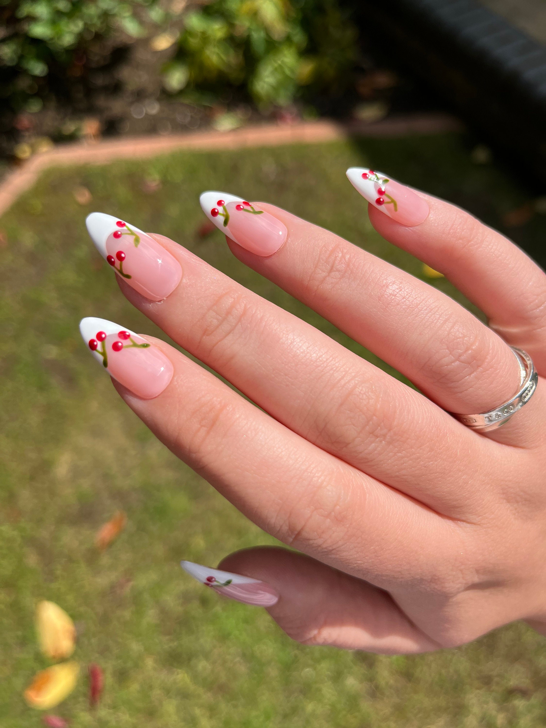 CHERRY Press on Nails Cherry White French Set of 10 Luxury Made to
