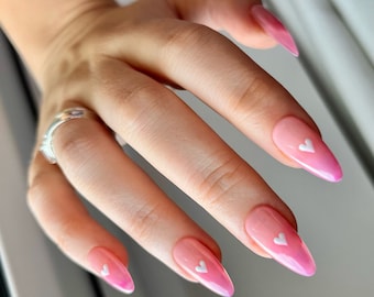 FIFI Press On Nails - Ombre Pink with Hearts - set of 10 luxury made to order nails