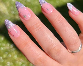 JEMIMA Press On Nails - Lilac Cat eye & Silver Stars - set of 10 luxury made to order nails