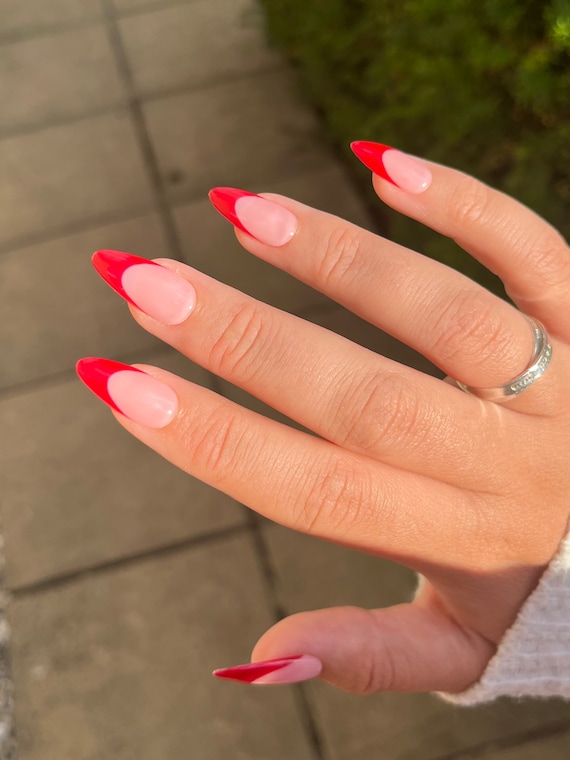 Valentine's Day Red French Tip Nails Cute Heart Design - Temu