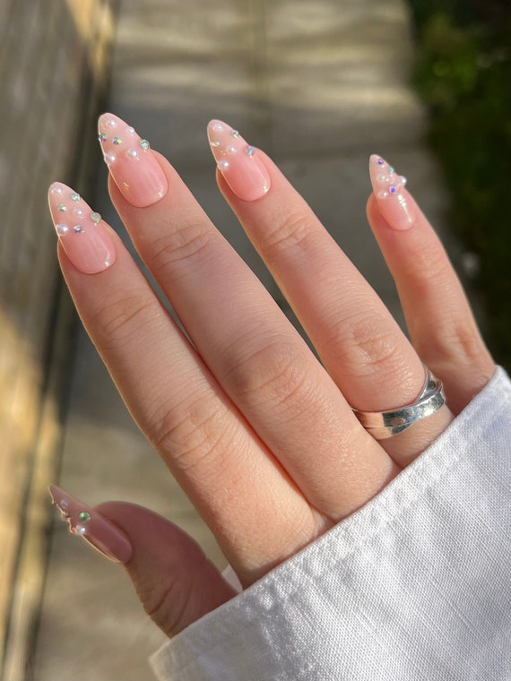 CASSIE Press on Nails Diamonds & Pearls Set of 10 Luxury Made to