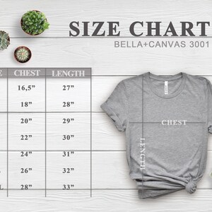 Pode incluir: Tabela de tamanhos para camisetas Bella + Canvas 3001, mostrando as medidas de peito e comprimento em polegadas para os tamanhos XS a XXXL.