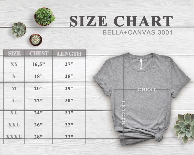 Peut inclure: Tableau des tailles pour les t-shirts Bella + Canvas 3001, indiquant les mesures de la poitrine et de la longueur en pouces pour les tailles XS &agrave; XXXL.