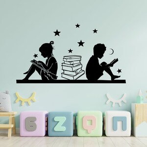 Garçon Fille Lire Livres Décalcomanie murale- Étoiles Mur Lune Art-Lecture Coin Mur Décor-Enfants Lecture Mur Art-Enfants Chambre Crèche Décor RE0021