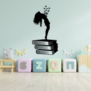 Fille Lire livres Décalcomanie murale- Étoiles Mur Mur Art-Lecture Coin Citations Décor mural-Enfants Lecture Mur Art-Enfant Chambre Décoration maternelle RE0027