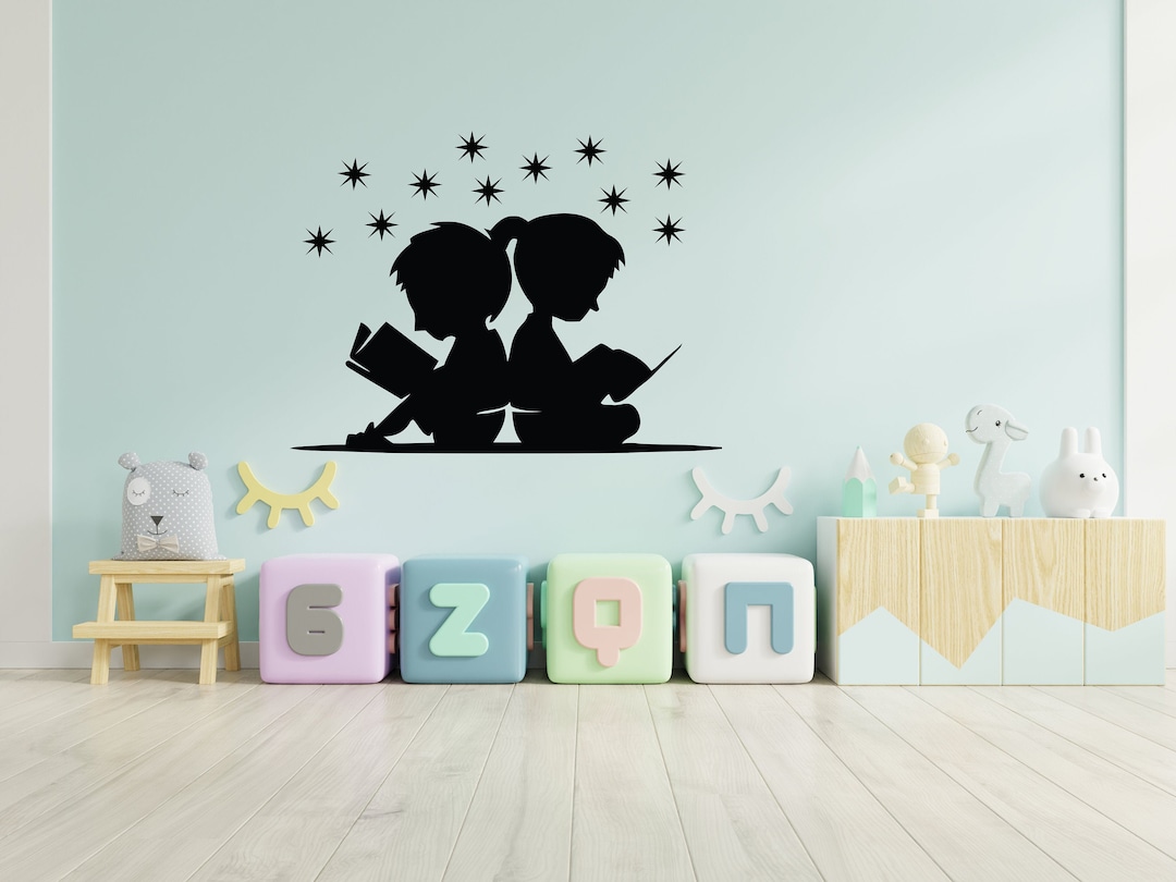Boy Girl Read Books Wall Decal Stars Moon Wall Art-reading Corner Wall