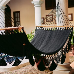 Black Macrame Hammock, 100% Handwoven Cotton Rope, Wooden Spreader Bars, Great for the Bedroom Patio Porch or Tree