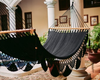 Black Macrame Hammock, 100% Handwoven Cotton Rope, Wooden Spreader Bars, Great for the Bedroom Patio Porch or Tree