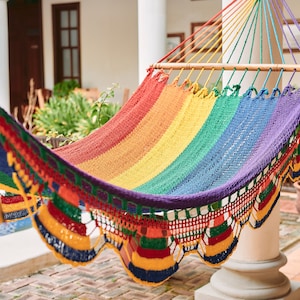 Rainbow Handwoven Hammock, Wooden Spreader Bars, Macrame 100% Cotton, Great for the Bedroom Patio Porch or Tree