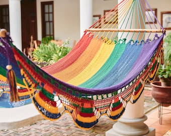 Rainbow Handwoven Hammock, Wooden Spreader Bars, Macrame 100% Cotton, Great for the Bedroom Patio Porch or Tree