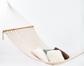 Handmade Macrame Hammock, White Cotton String, Wooden Spreader Bars, Great for the Bedroom Patio Porch or Tree