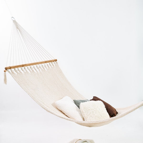 Handmade Macrame Hammock, White Cotton String, Wooden Spreader Bars, Great for the Bedroom Patio Porch or Tree