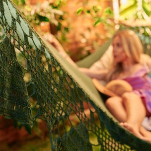 Green Macrame Hammock, 100% Handwoven Cotton Rope, Wooden Spreader Bars, Great for the Bedroom Patio Porch or Tree