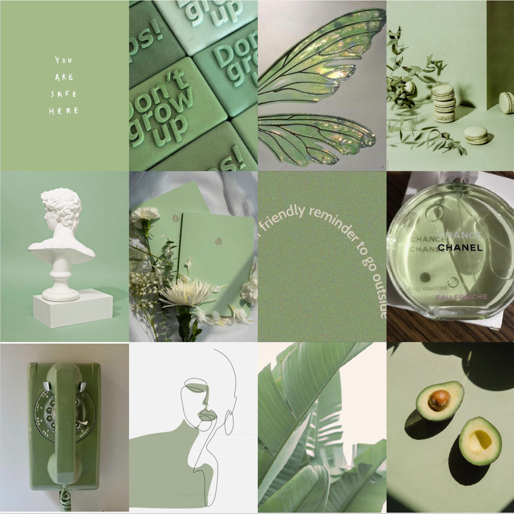 Sage Green/matcha Green Wall Collage Kit, Sage Aesthetic Collage Luxury ...