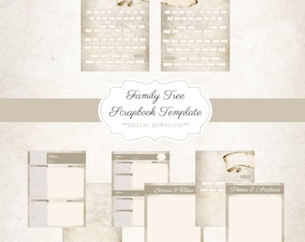 Family Tree Scrapbook Template, Family History, Genealogy Chart, Printable Scrapbook, Junk Journal, Ancestry Kit, Digital Download