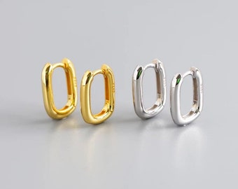 Little cute Sterling .925 silver oval square hoops gold plated fun every day earrings simple earrings