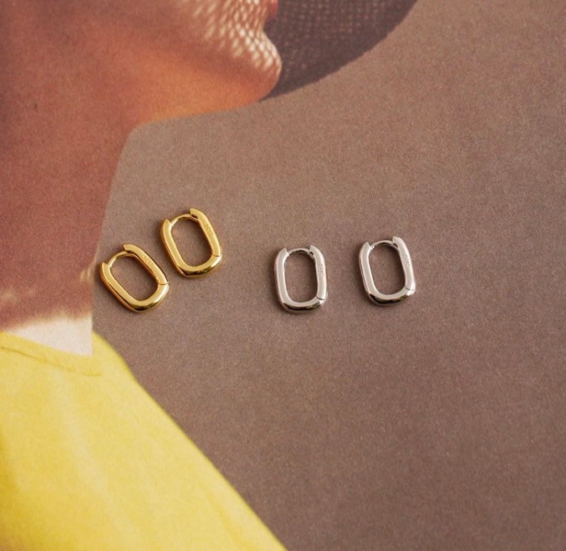 Little cute Sterling .925 silver oval square hoops gold plated fun every day earrings simple earrings