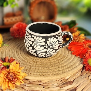 Original Mexican Talavera Black coffee mug handmade handpainted talavera taza chocolatera unique pieces gift for her Barro vase chocolate