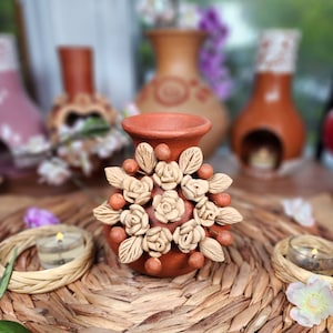 Embroidery 3d Clay Vase Decor Mexican flowers embroidery pottery Barro bordado home decor jarrón florero México 4.5in tall Fall gifts  gift