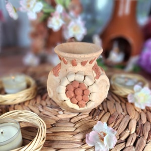 Rustic Hand sculpted vase clay decor Mexican flowers embroidery pottery carved Mexico Barro bordado handmade home gift jarrón florero México