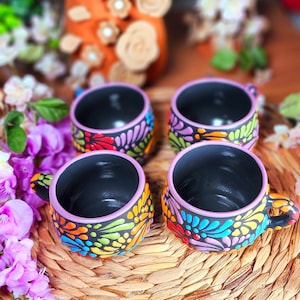 Original Mexican Talavera 4 pieces set black colorful taza chocolatera mug handmade coffee hot chocolate barro café Father&#39;s Day gift 8oz