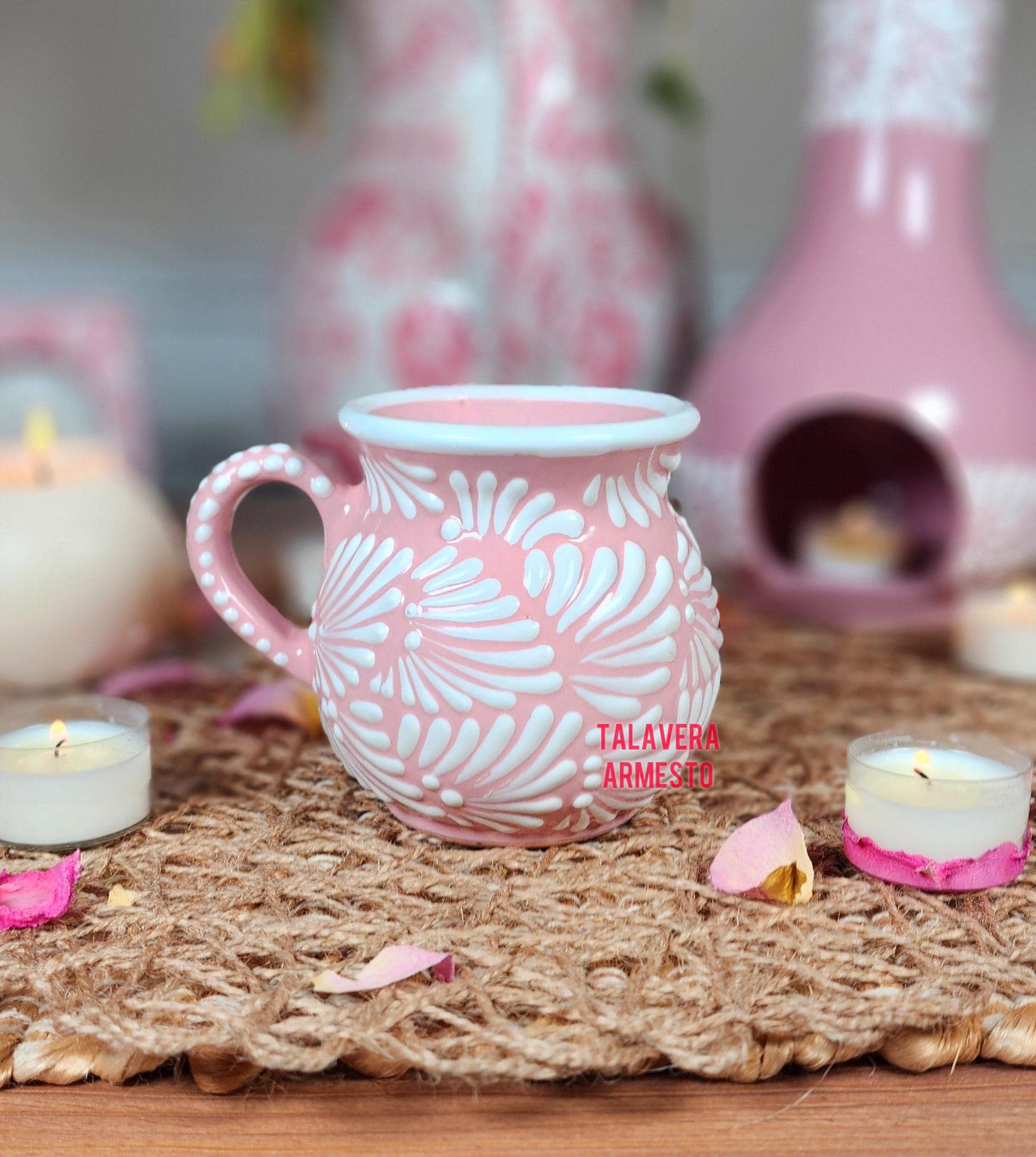Taza de café mexicana de Talavera rosa, tradicional cantarito, jarrito con asa, hecha a mano, de barro, jarra, café, regalo para el Día de la Madre, 13 oz