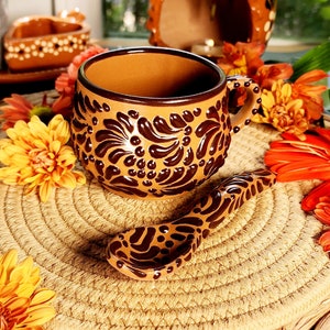 Original Mexican Talavera chocolate  coffee mug and spoon 2 set handmade Handpainted talavera set taza chocolatera y cuchara gift for her