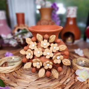 Embroidery 3d Clay Vase Decor Mexican flowers embroidery pottery Barro bordado home decor jarrón florero México 5in tall Fall gifts  gift