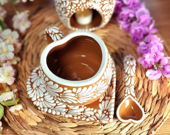 Talavera HEART spoon mug jumbo set limited edition heart mug coffee hot chocolate handmade Handpainted taza corazon gift coquette vase 600ml