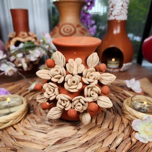 Embroidery 3d Clay Vase Decor Mexican flowers embroidery pottery Barro bordado home decor jarrón florero México 4.5in tall Fall gifts  gift