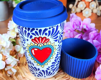 Original Mexican Talavera heart butterfly cup w lid coffee chocolate red handmade gift tumbler travel talavera termo corazón rojo couple mug