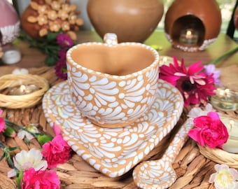 Original Mexican Talavera heart mug Golden set 3 pieces handmade talavera set taza corazón Father's Day gift for her coquette home decor