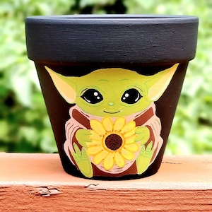 Handpainted Baby Yoda Grogu succulent terracotta pot planter for indoors outdoors with drainage hole at the bottom birthday gift home plants